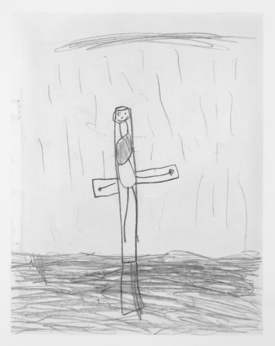 Tijs van Bakel, Jezus aan het kruis door Tijs (1981), 2022, potlood op papier 21 × 17 cm.